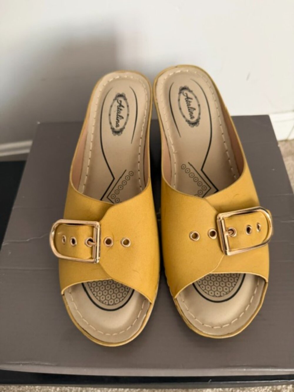 Yellow Open-Toe Slide Sandals | Size 11 | Buckle Accent | Comfort Slides